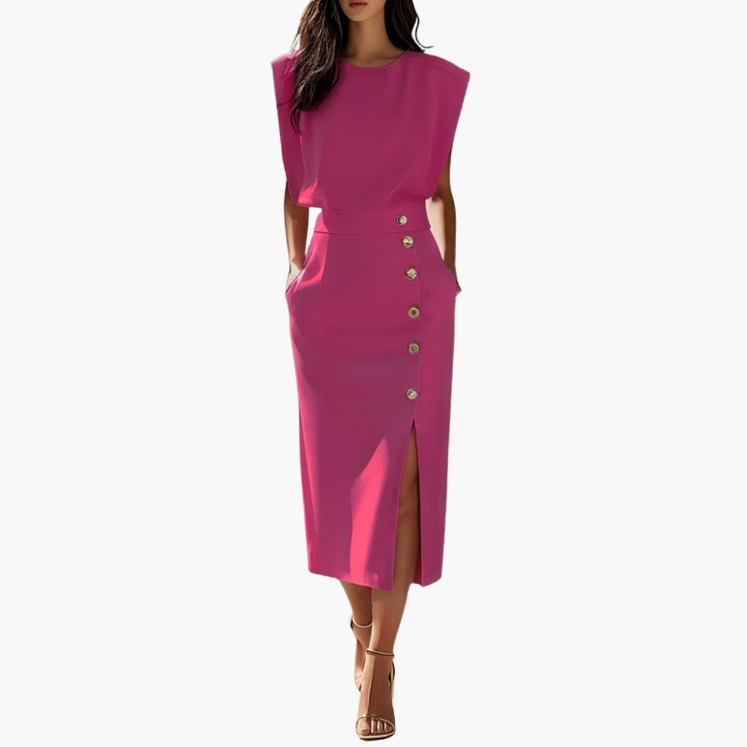 Robe Midi Femme avec Détail Boutonné et Fente Latérale
