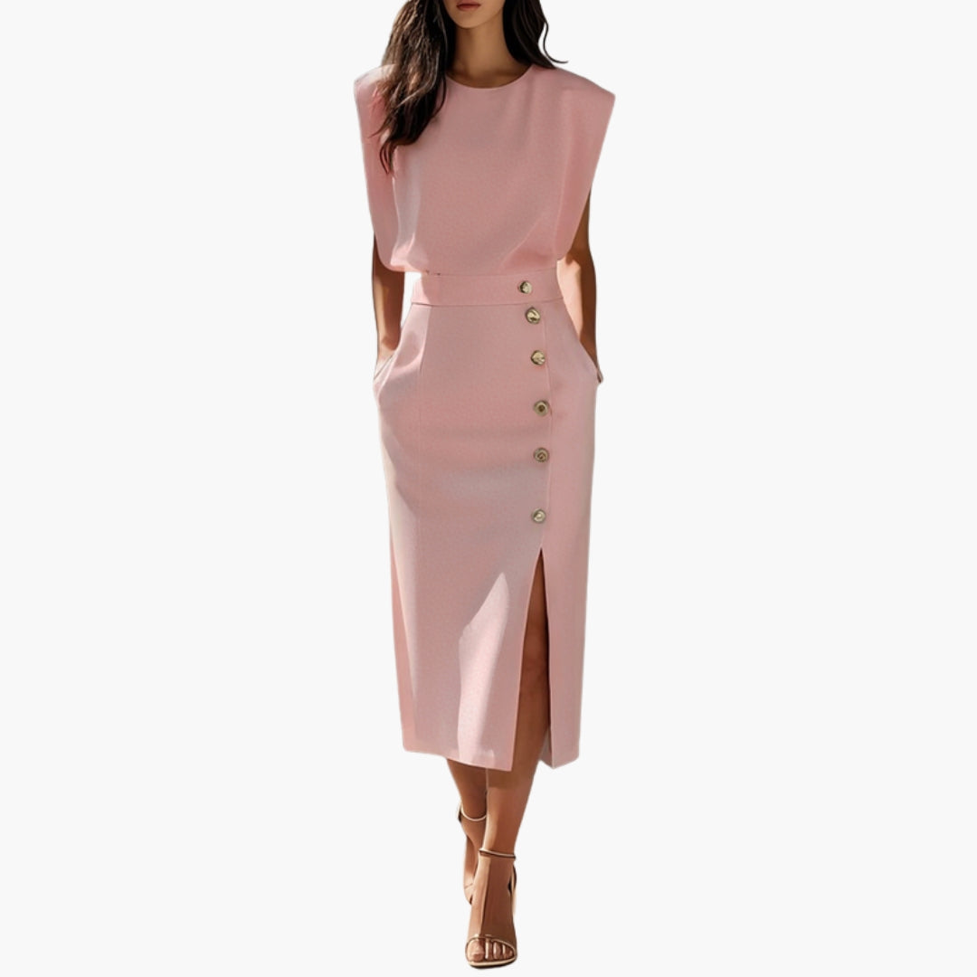 Robe Midi Femme avec Détail Boutonné et Fente Latérale