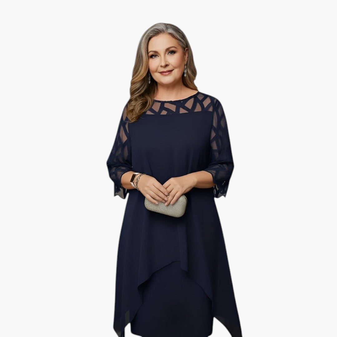 Women's Midi Dress with Fitted Neckline and Adjustable Waist