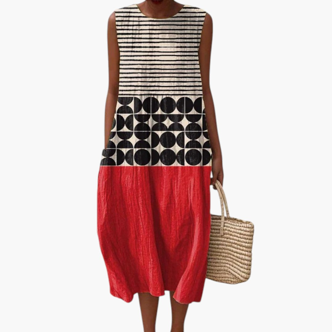 Robe Midi Femme avec Encolure Ronde et Motif Graphique
