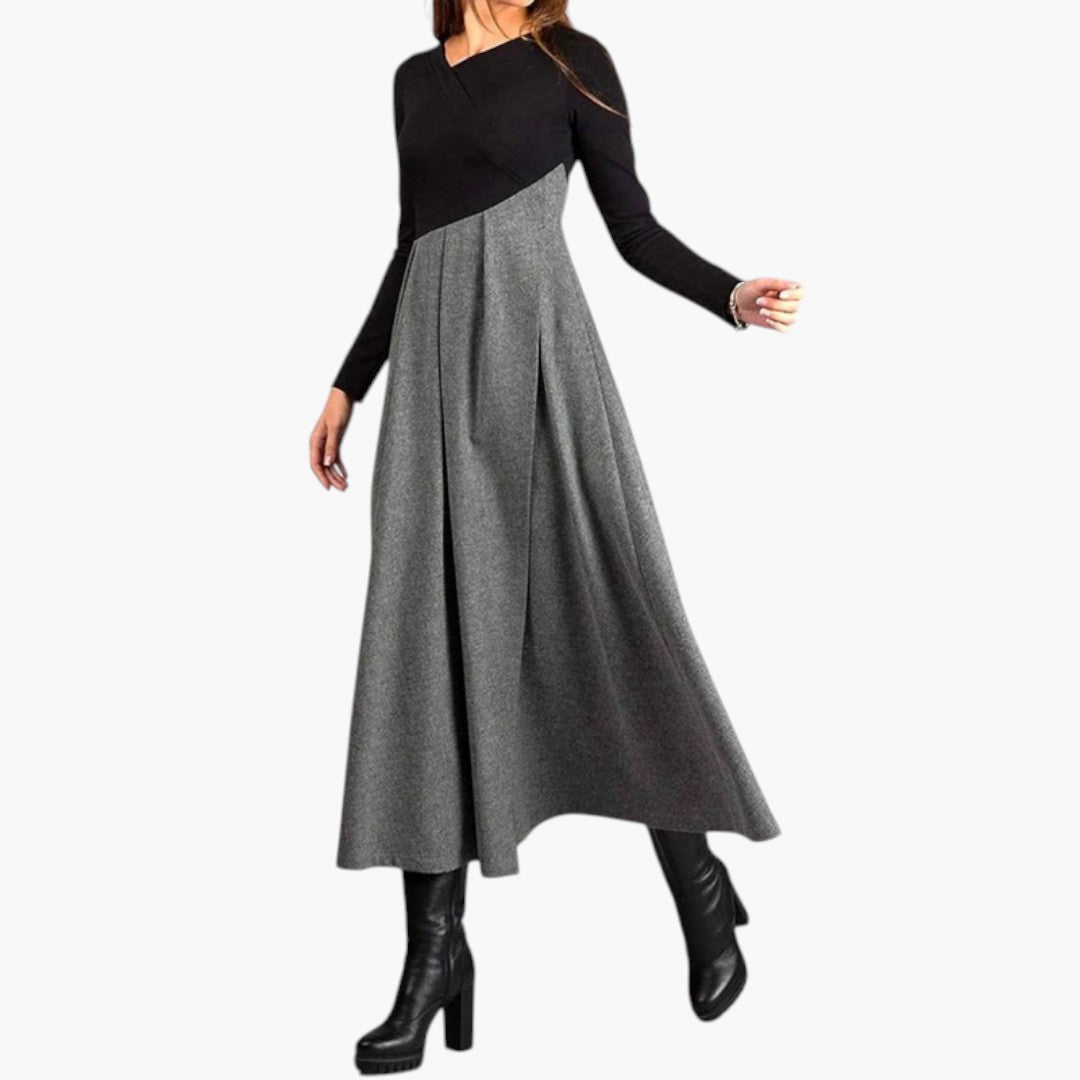 Abito Midi Donna con Scollo Strutturato e Gonna Plissettata