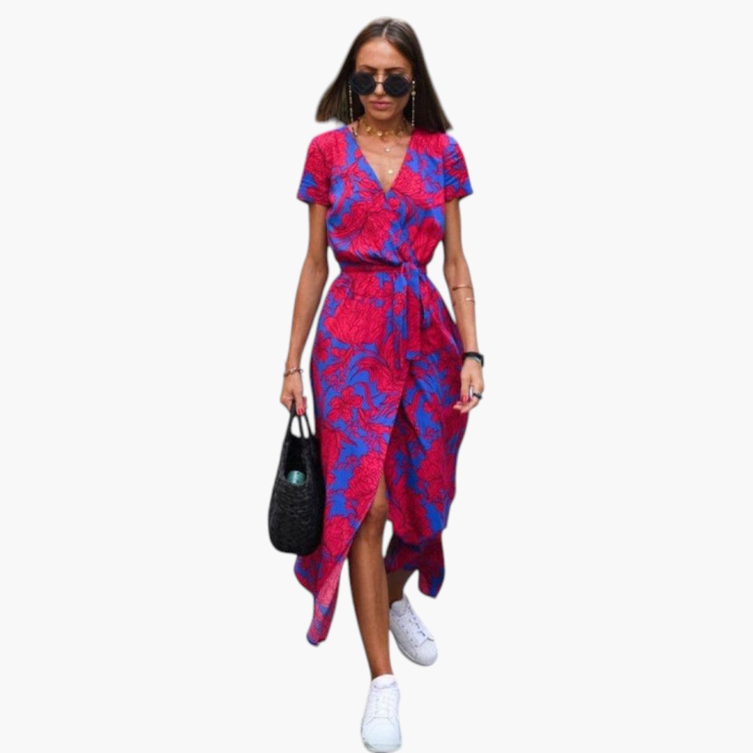 Abito Midi Donna con Stampa e Scollo a V