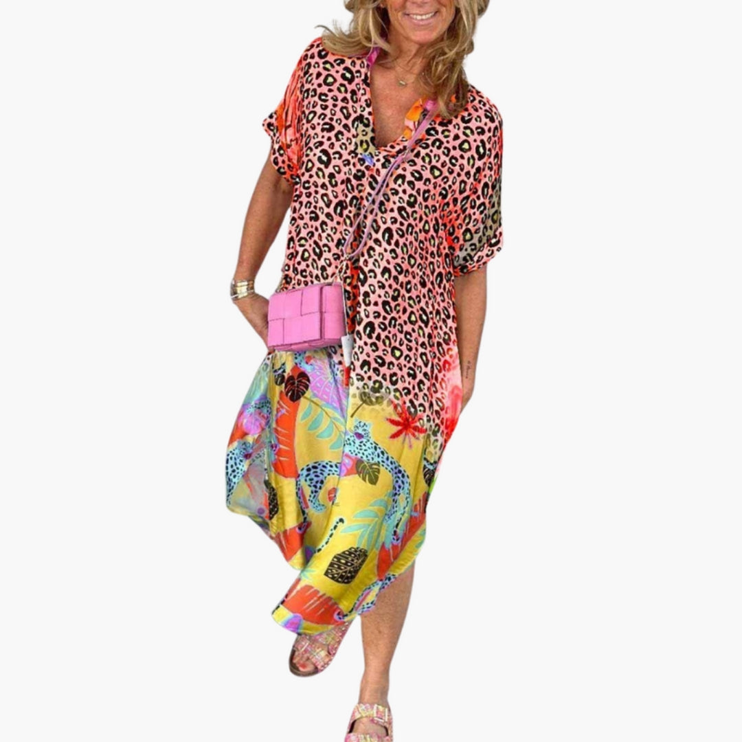 Abito Midi Donna con Scollo a V e Stampa sulla Superficie