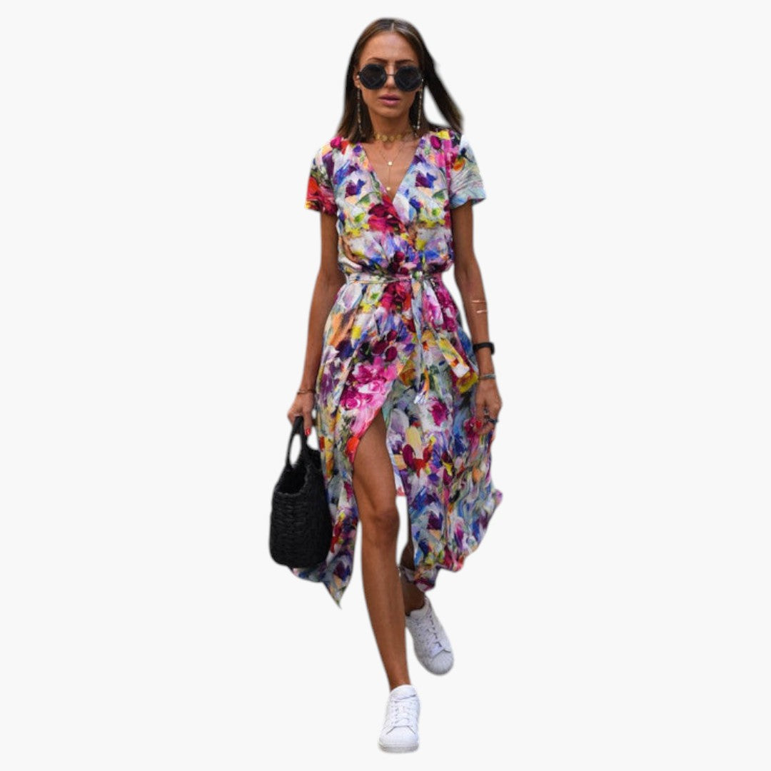 Abito Midi Donna con Stampa e Scollo a V