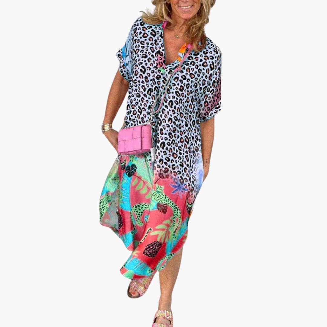 Abito Midi Donna con Scollo a V e Stampa sulla Superficie