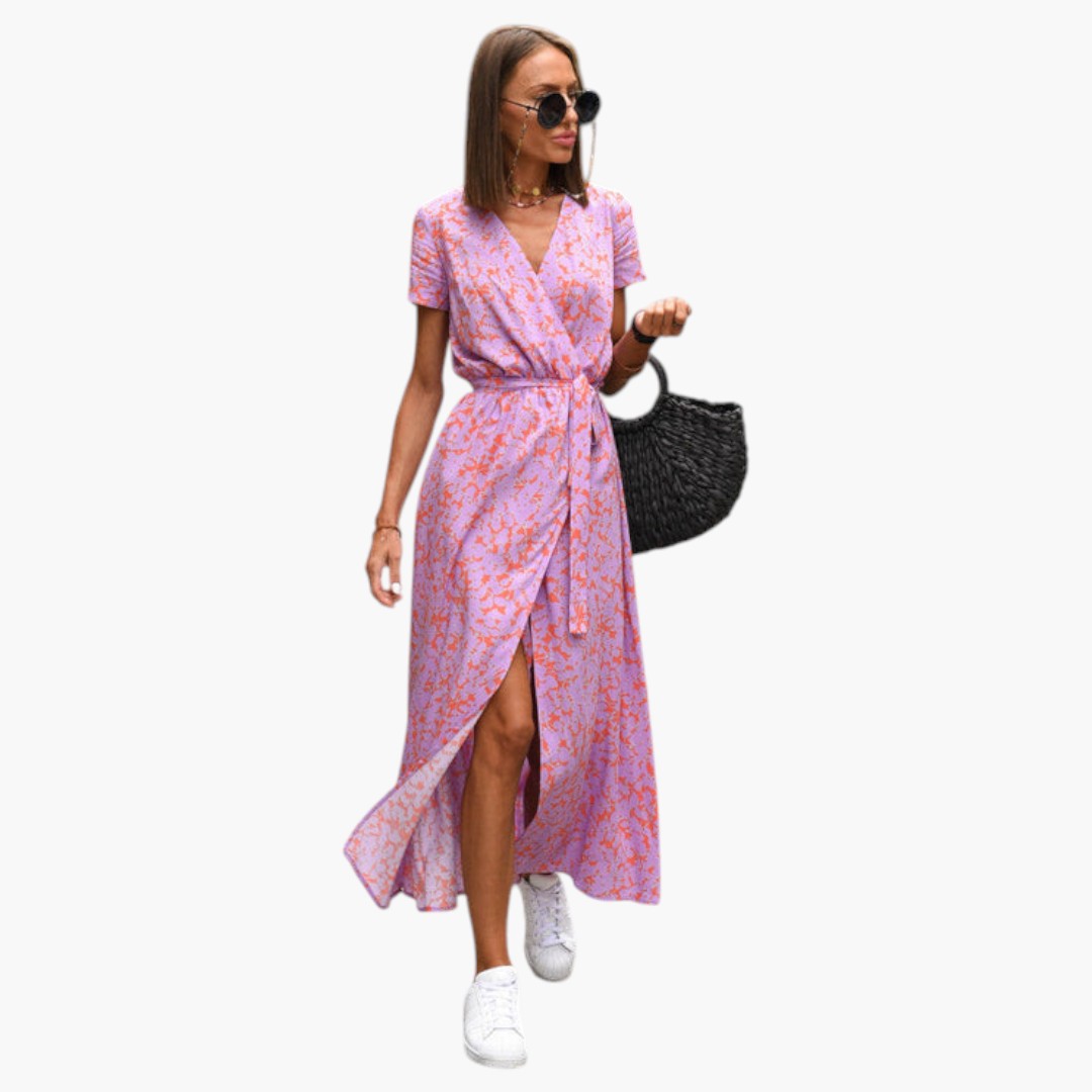 Abito Midi Donna con Stampa e Scollo a V
