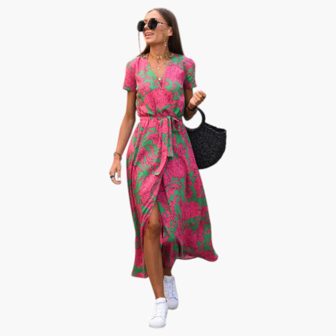 Abito Midi Donna con Stampa e Scollo a V