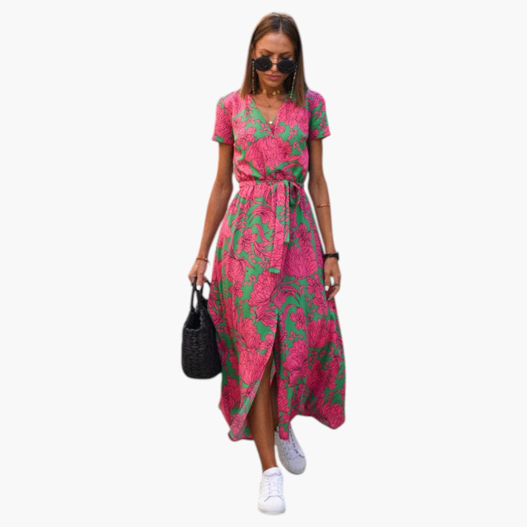 Abito Midi Donna con Stampa e Scollo a V