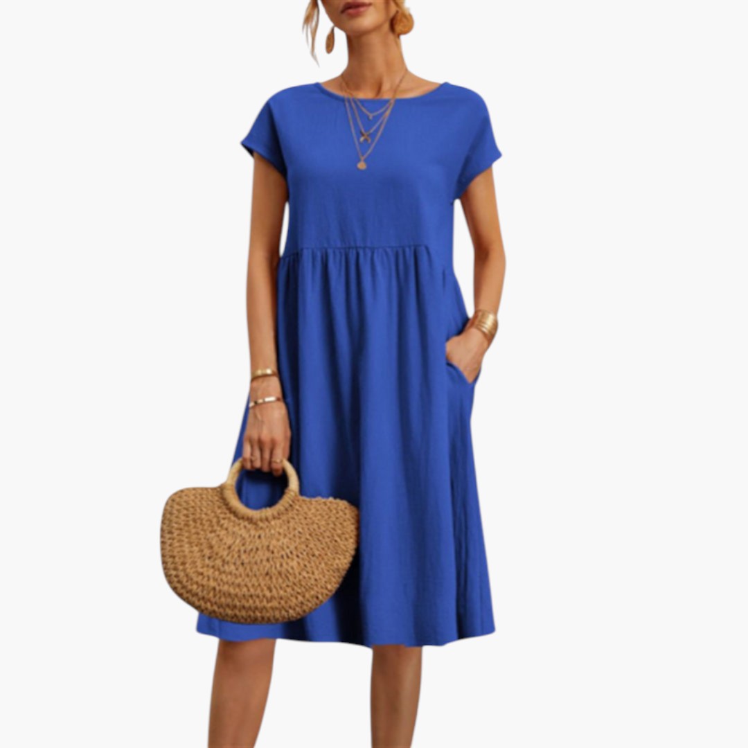 Robe Midi Femme avec Manches Courtes et Poches Latérales