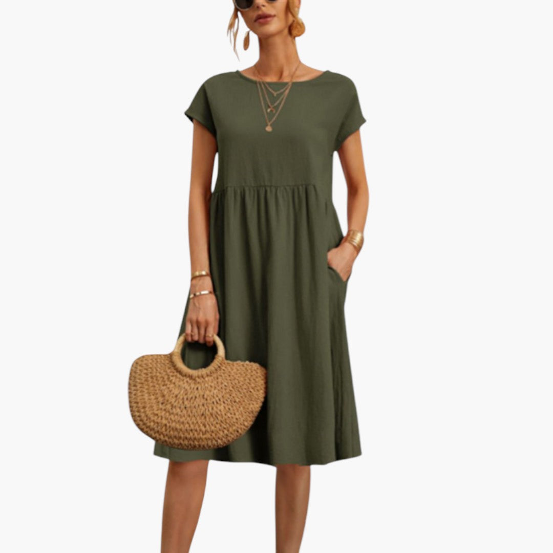 Robe Midi Femme avec Manches Courtes et Poches Latérales