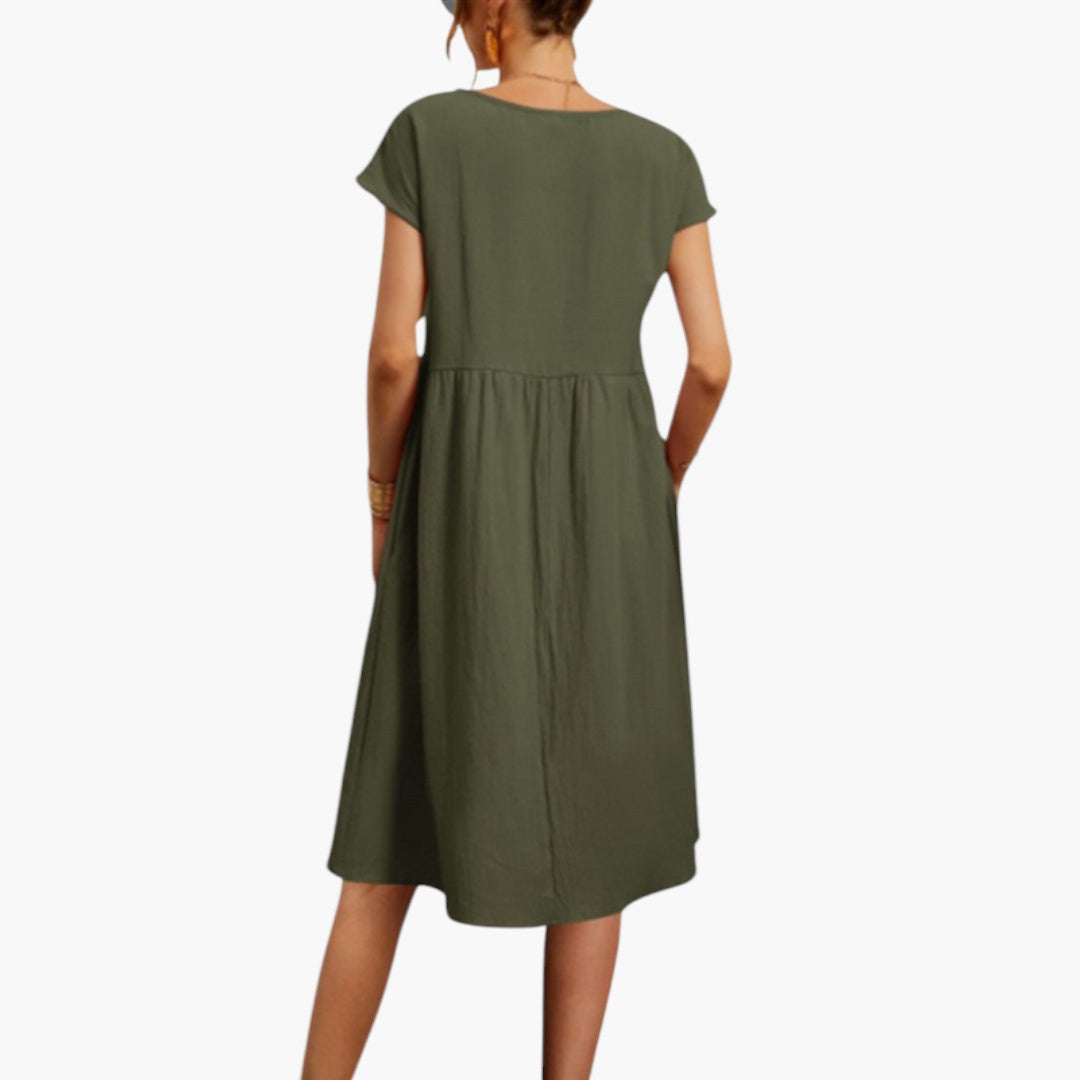 Robe Midi Femme avec Manches Courtes et Poches Latérales