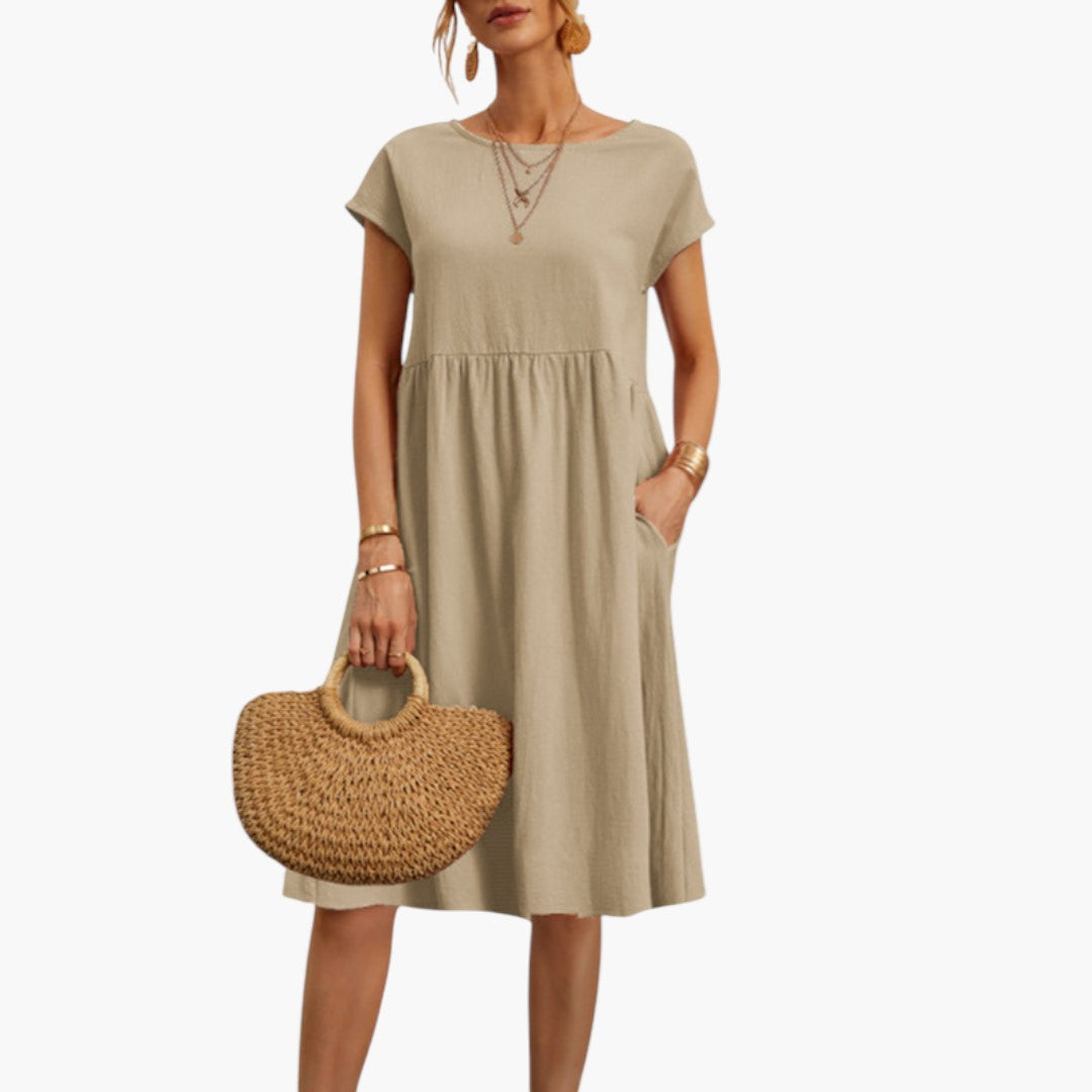Robe Midi Femme avec Manches Courtes et Poches Latérales