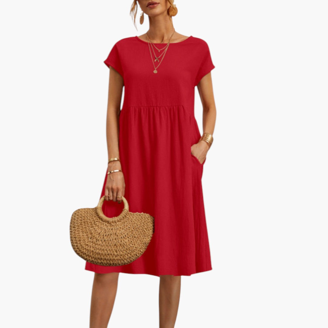 Robe Midi Femme avec Manches Courtes et Poches Latérales