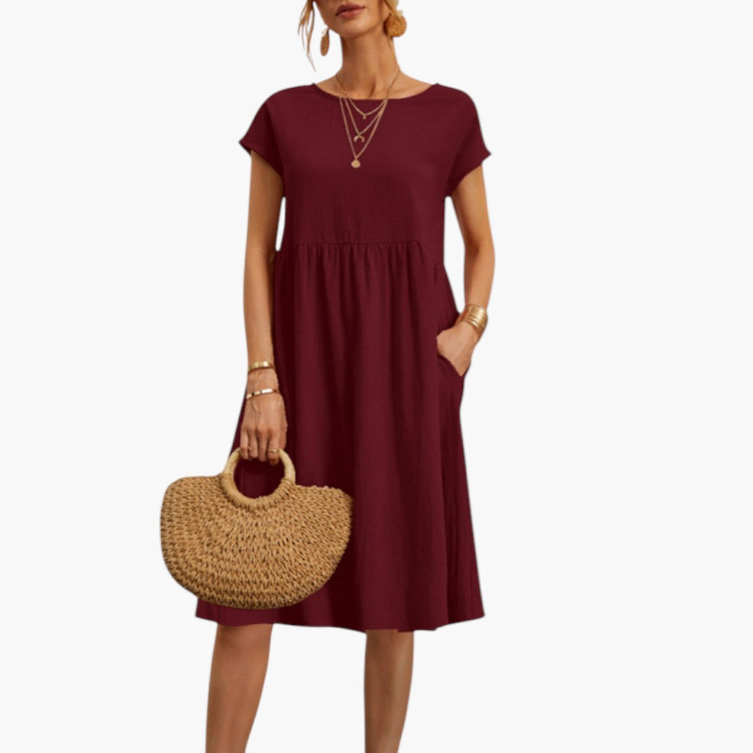 Robe Midi Femme avec Manches Courtes et Poches Latérales