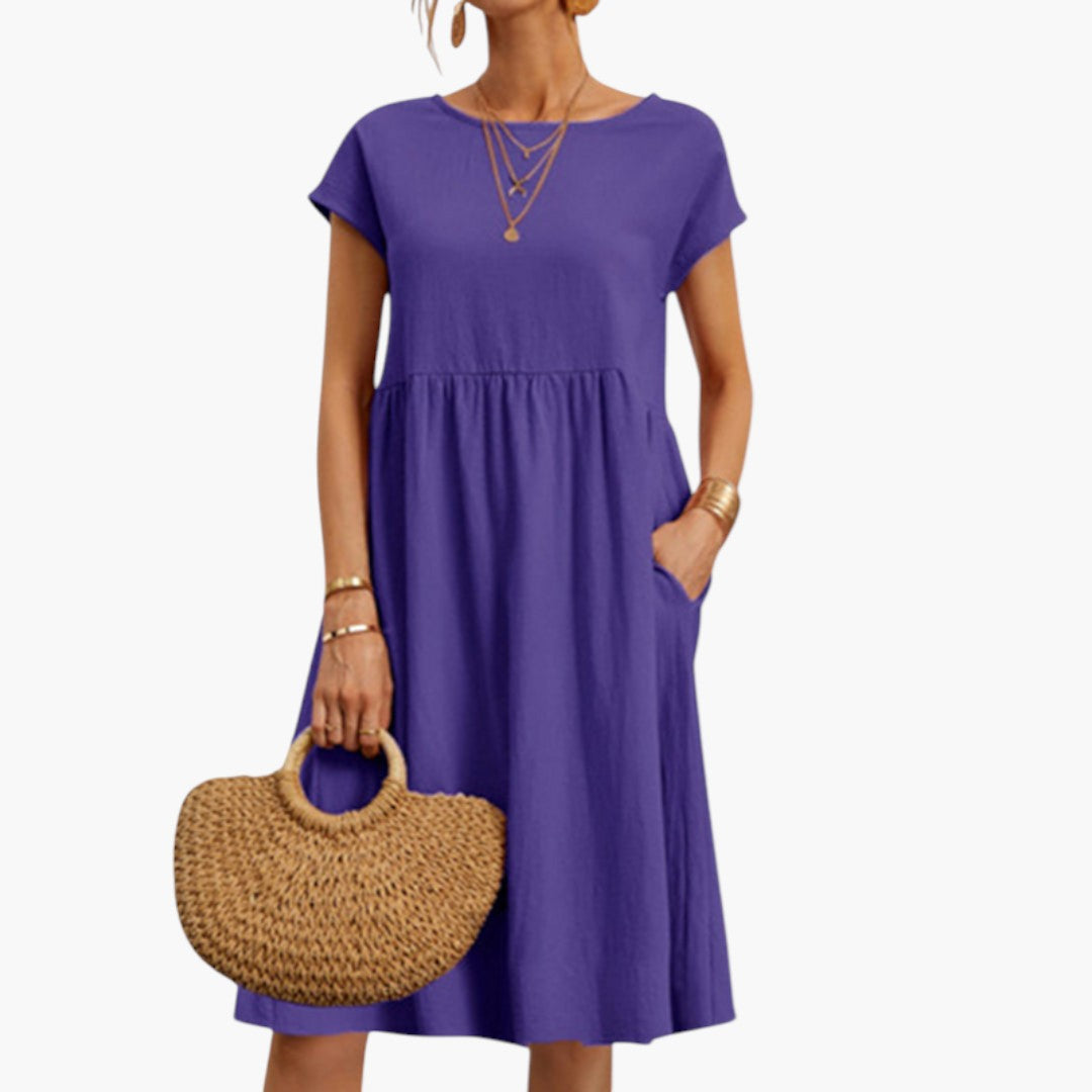 Robe Midi Femme avec Manches Courtes et Poches Latérales
