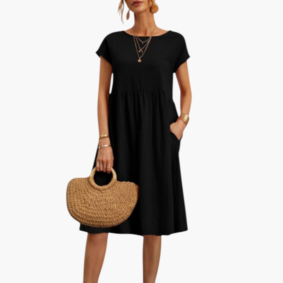 Robe Midi Femme avec Manches Courtes et Poches Latérales