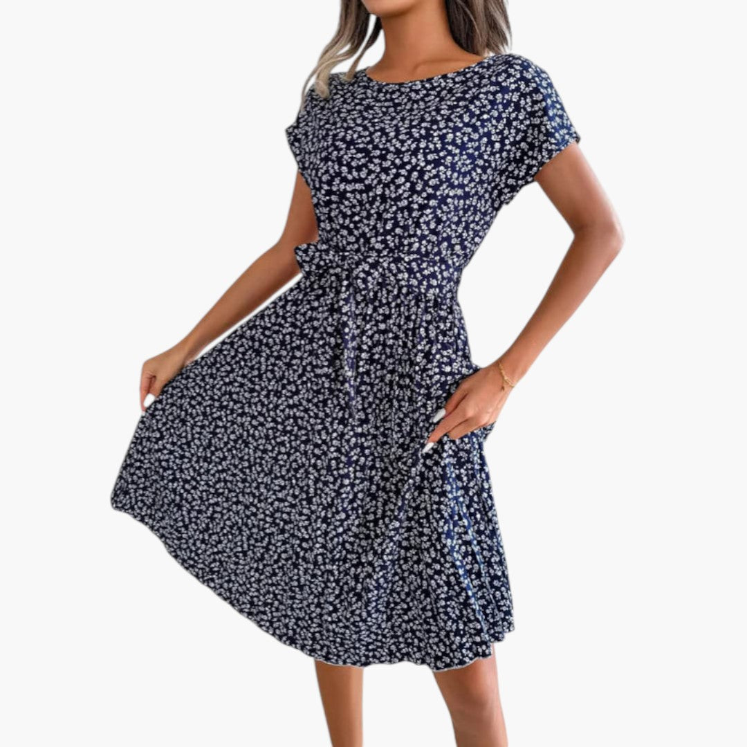 Midi Dress for Women with Short Sleeves and Tie Waist