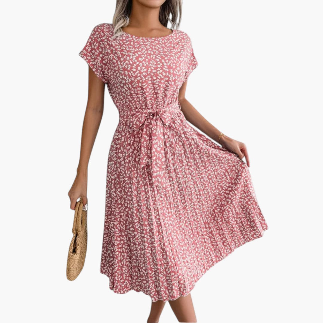 Midi Dress for Women with Short Sleeves and Tie Waist