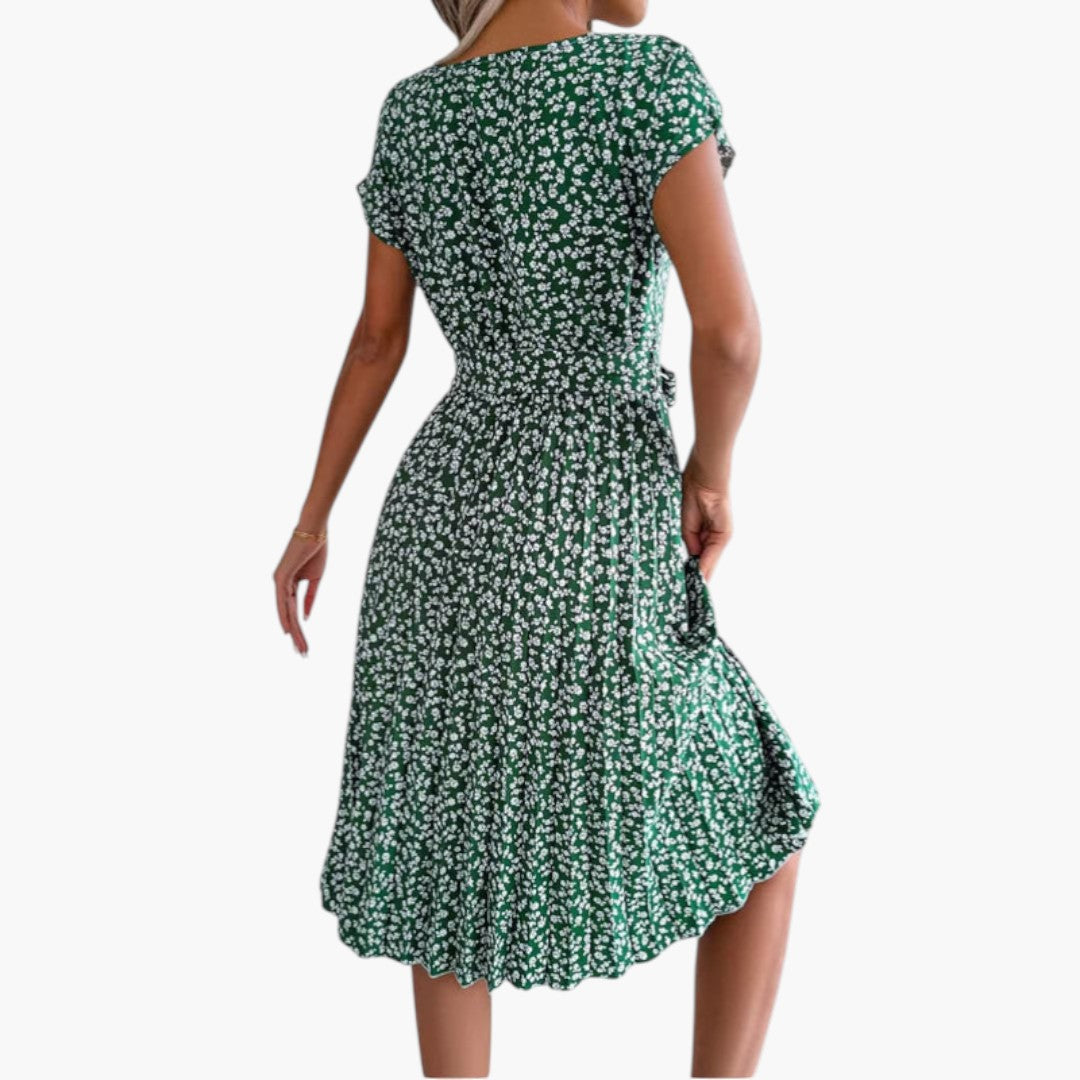 Midi Dress for Women with Short Sleeves and Tie Waist