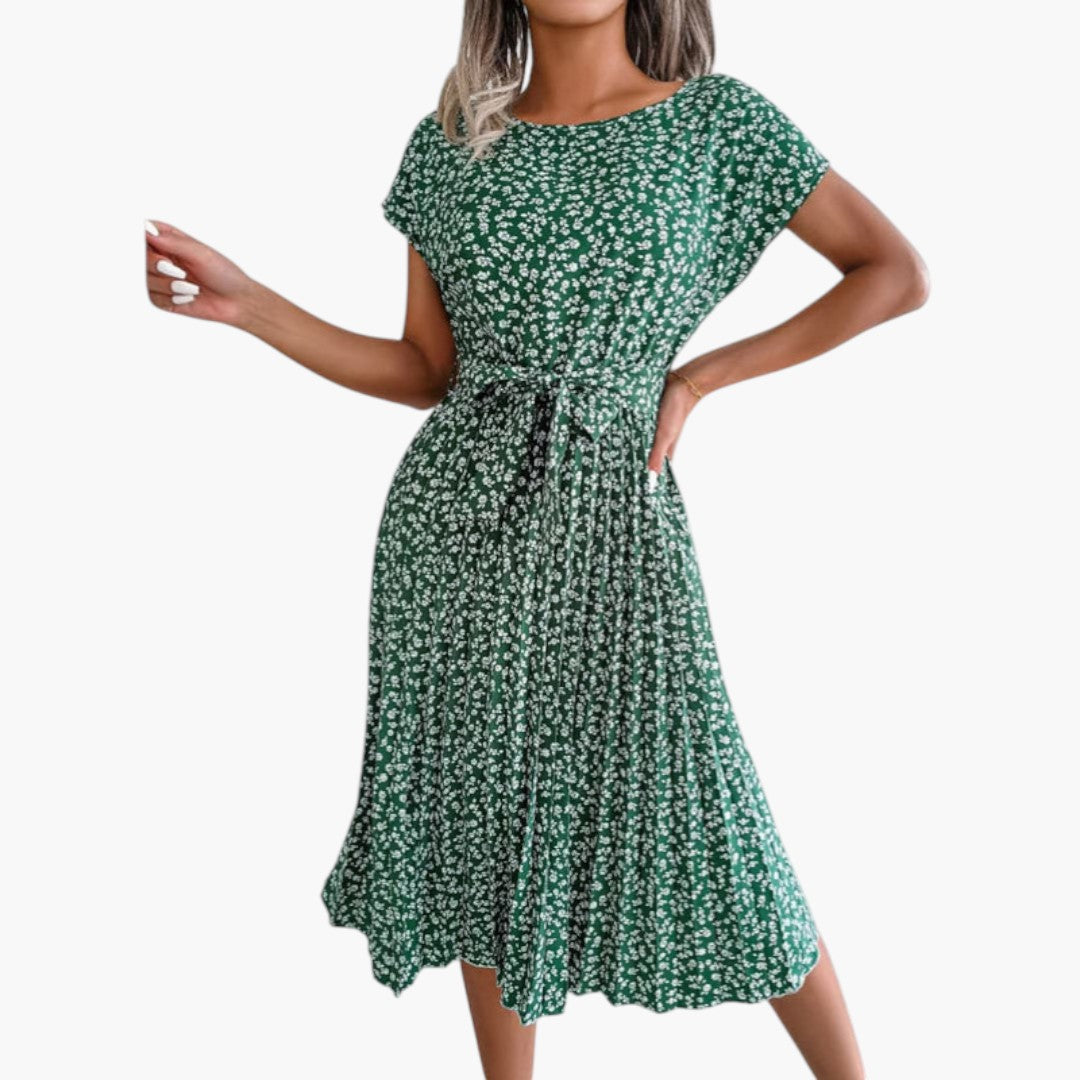 Midi Dress for Women with Short Sleeves and Tie Waist
