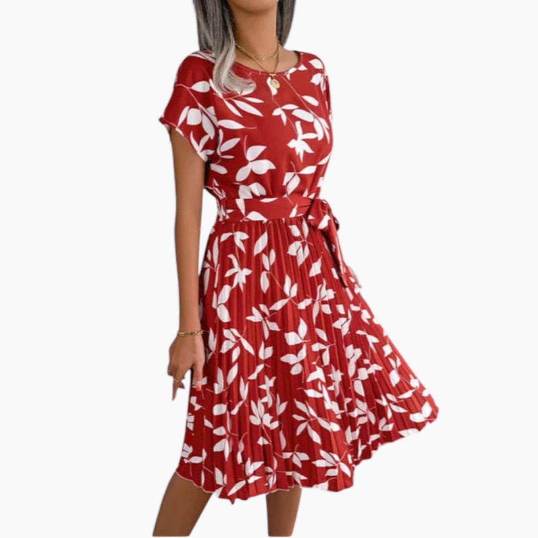 Midi Dress for Women with Short Sleeves and Tie Waist