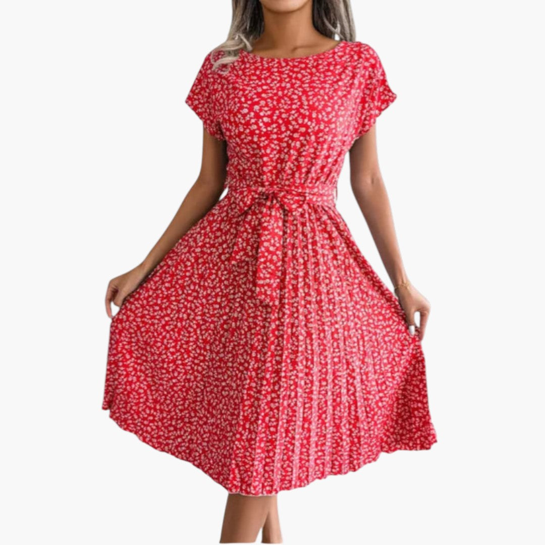 Midi Dress for Women with Short Sleeves and Tie Waist