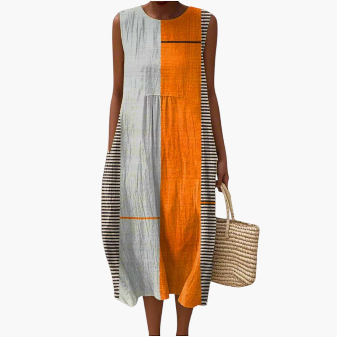 Robe Midi Femme avec Sans Manches et Tissu Lin Mélangé