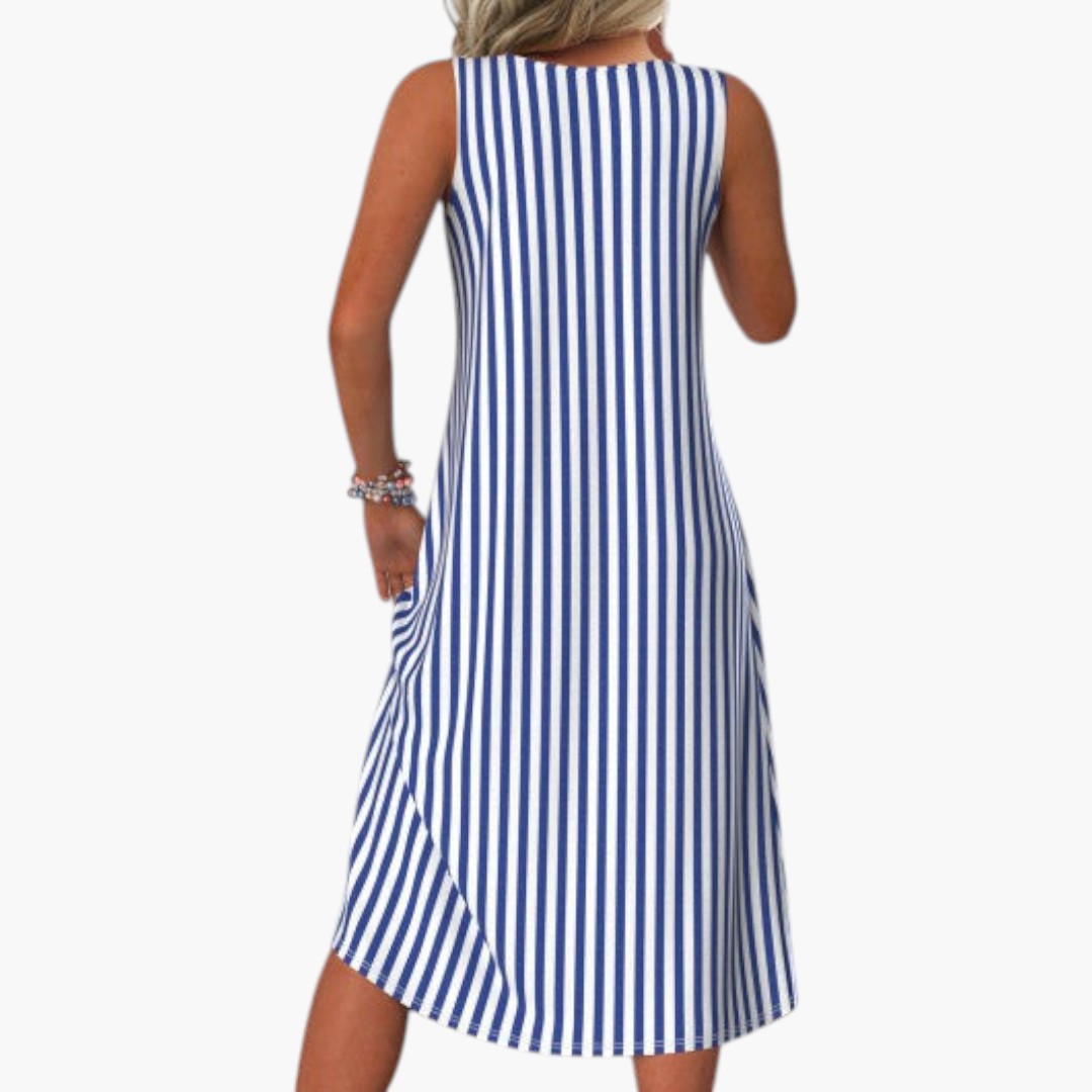 Women's Sleeveless Midi Dress with Striped Pattern and Fitted Cut