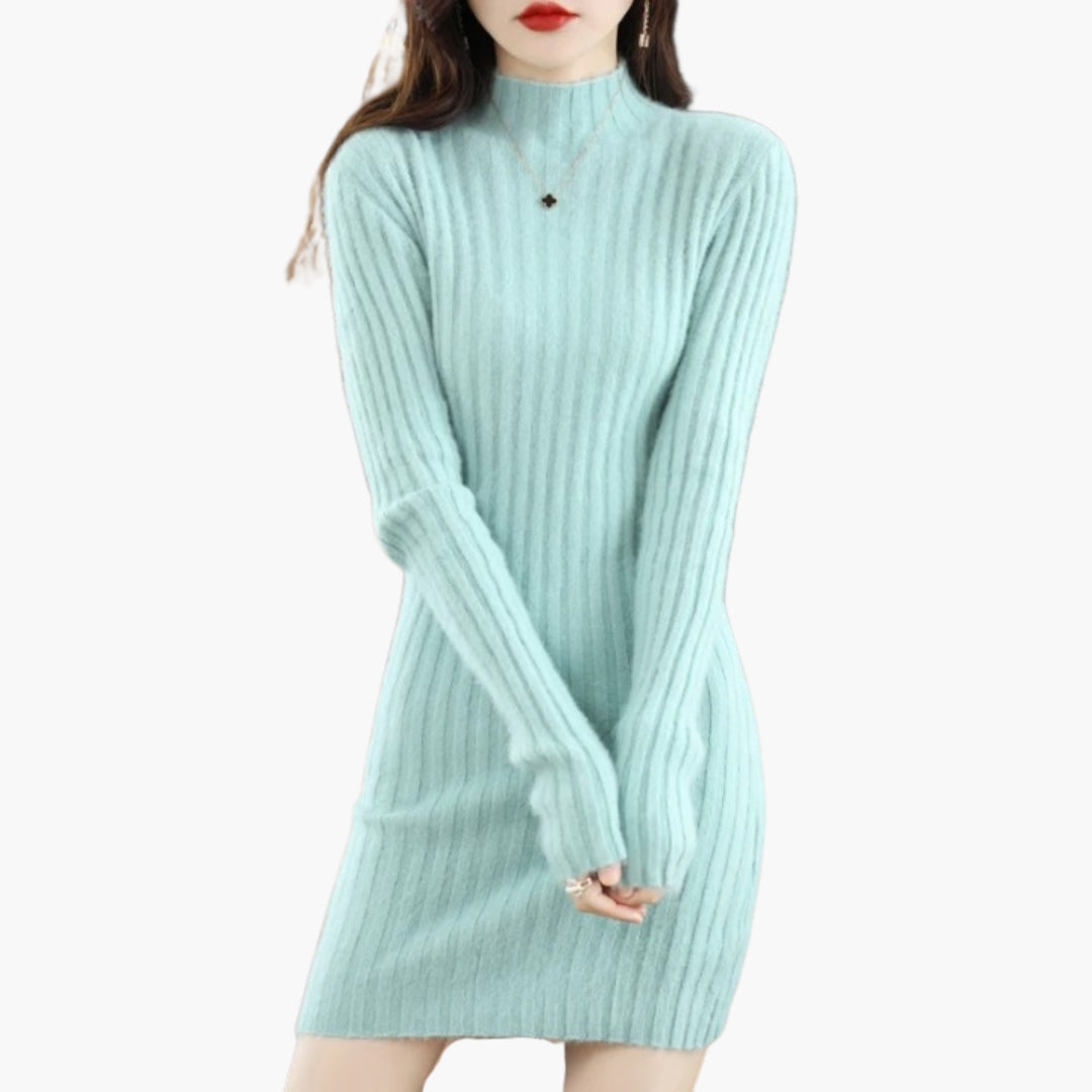 Vestido Curto Feminino Canelado com Mangas Compridas