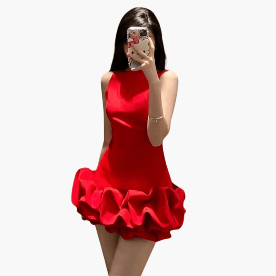 Women's Sleeveless Short Dress with Ruffled Hem
