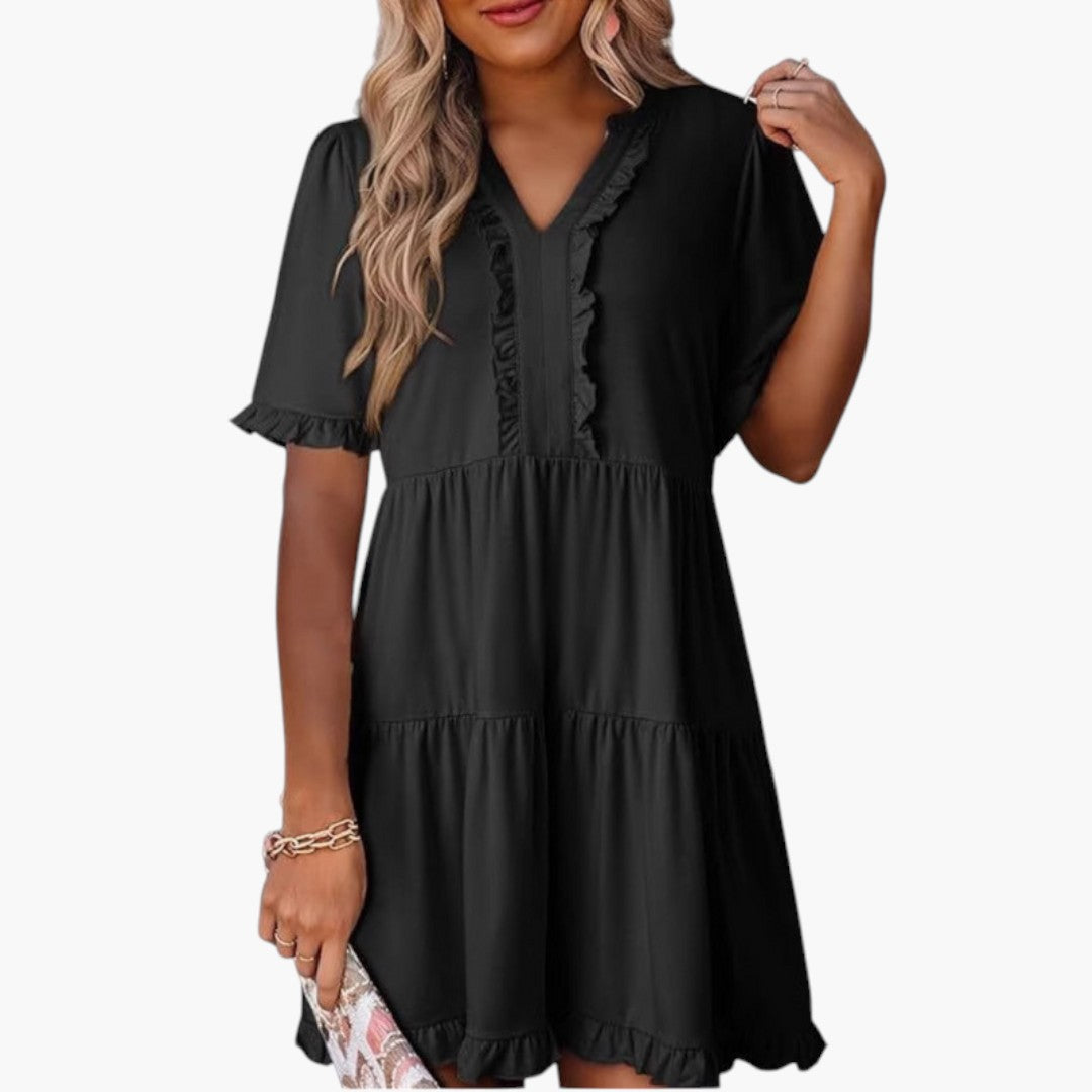 Vestido Mini Feminino com Decote em V e Borda com Folhos
