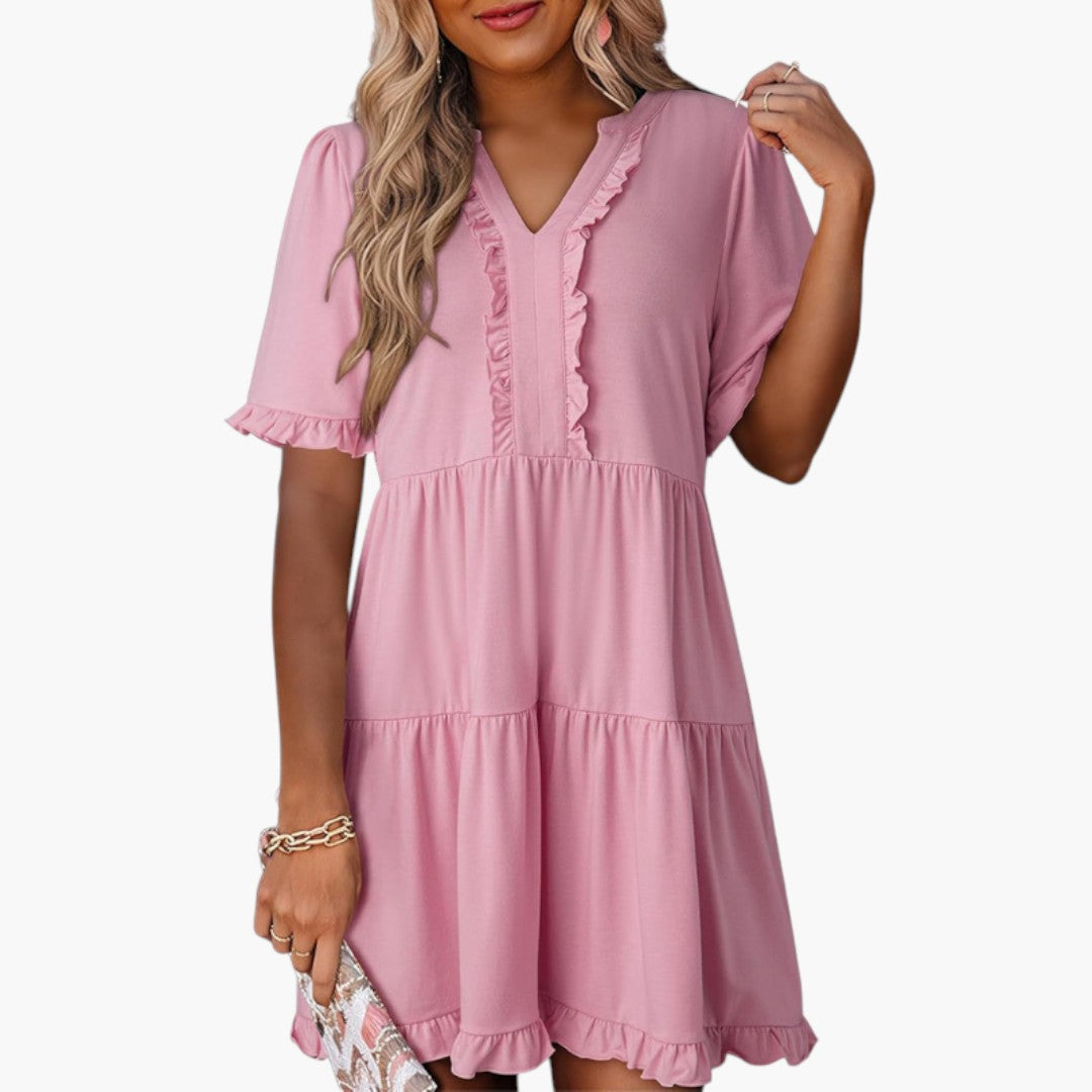 Vestido Mini Feminino com Decote em V e Borda com Folhos