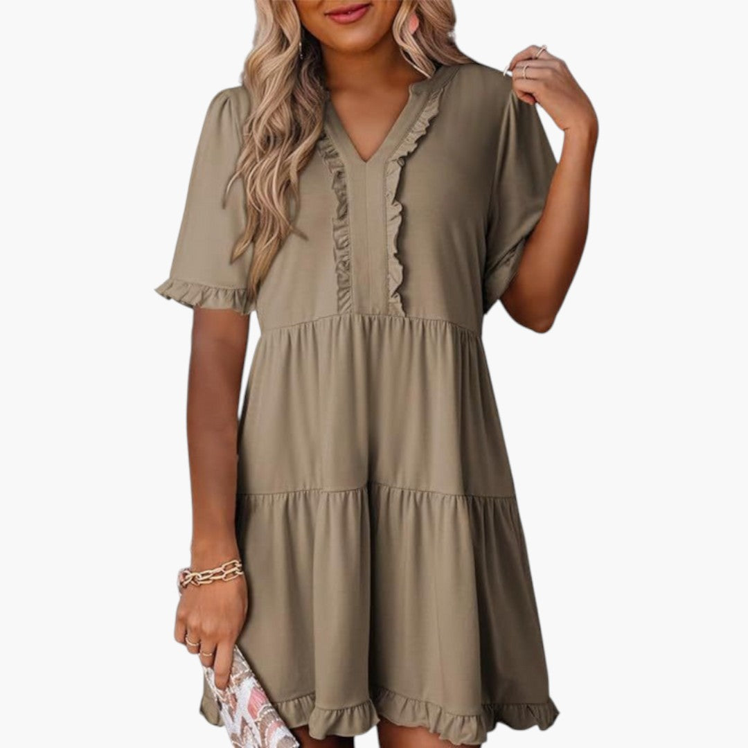 Vestido Mini Feminino com Decote em V e Borda com Folhos