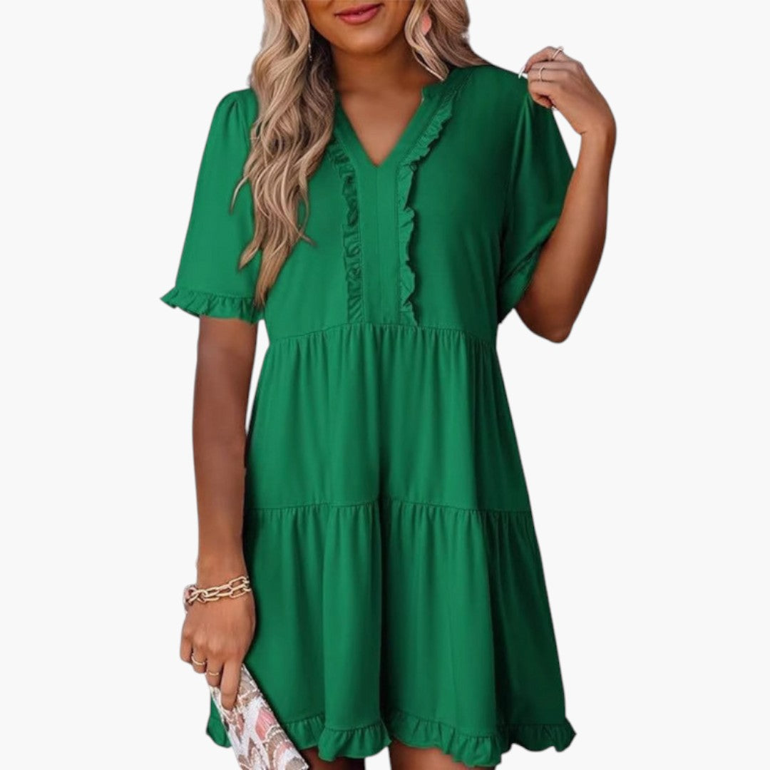 Vestido Mini Feminino com Decote em V e Borda com Folhos