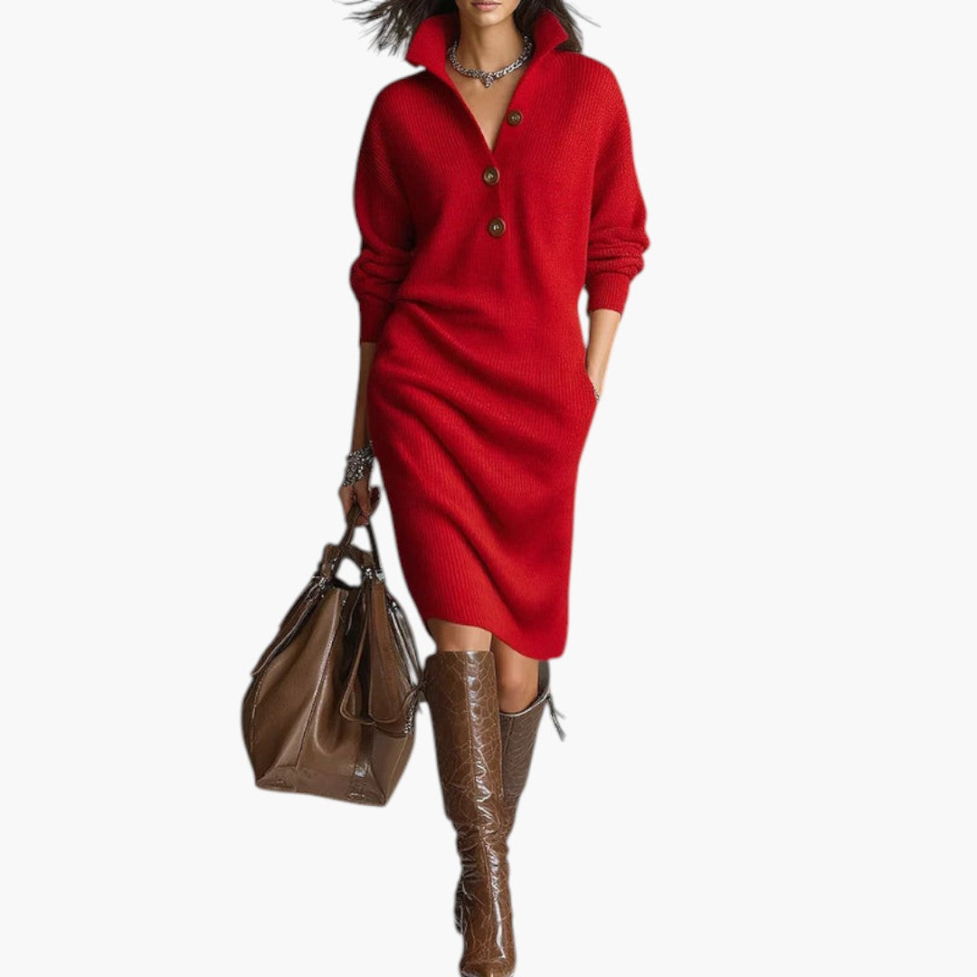 Robe Pull Femme Mini avec Col Boutonné et Maille Côtelée
