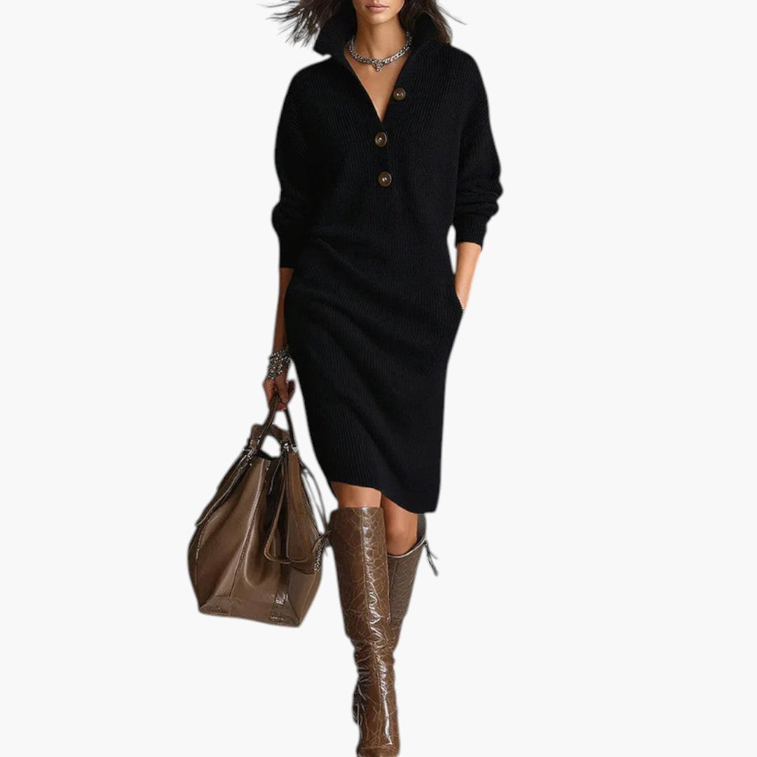 Robe Pull Femme Mini avec Col Boutonné et Maille Côtelée