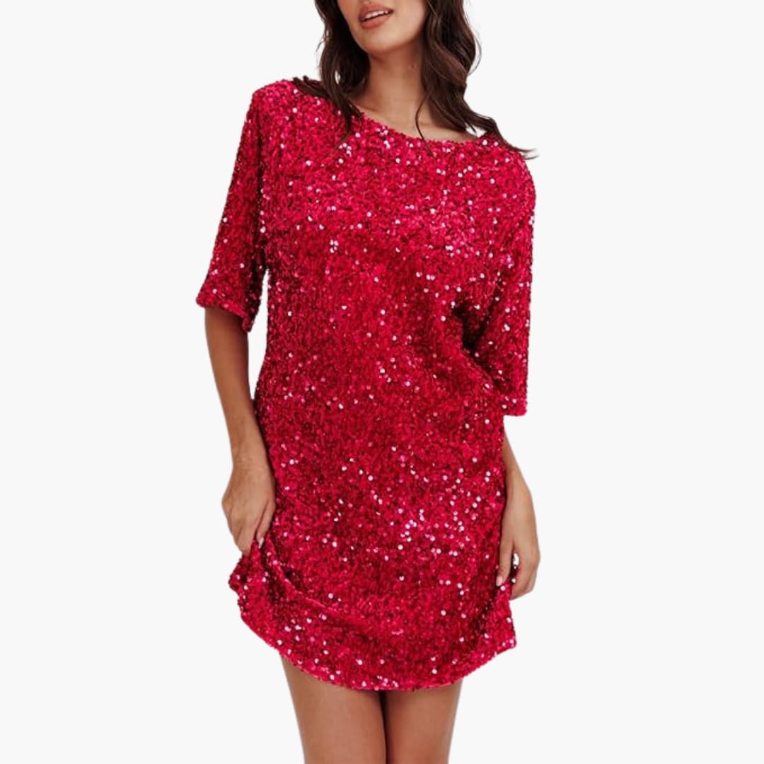 Robe à sequins pour femme avec encolure ronde et manches évasées