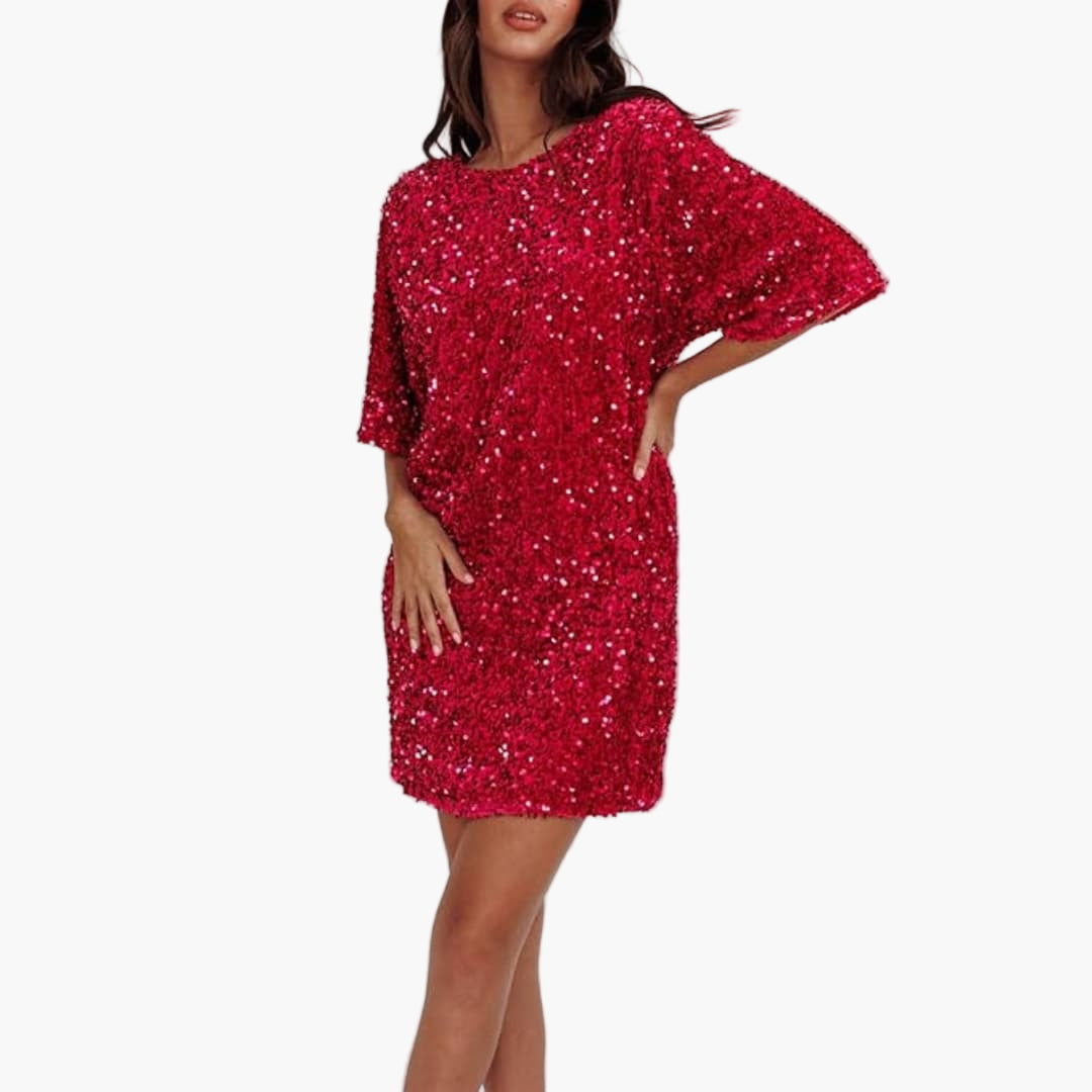 Robe à sequins pour femme avec encolure ronde et manches évasées