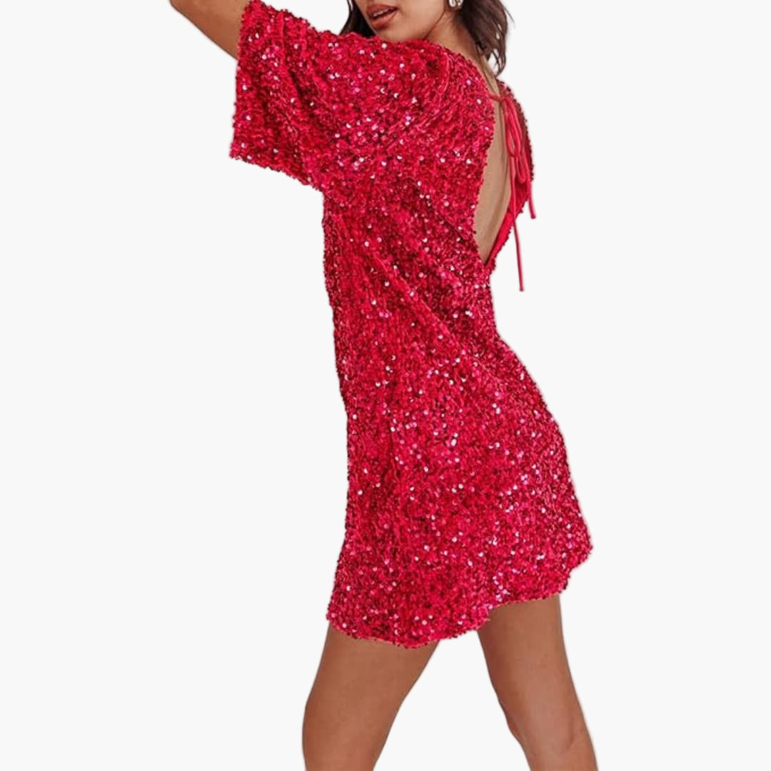 Robe à sequins pour femme avec encolure ronde et manches évasées