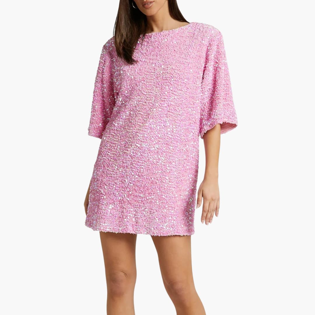Robe à sequins pour femme avec encolure ronde et manches évasées
