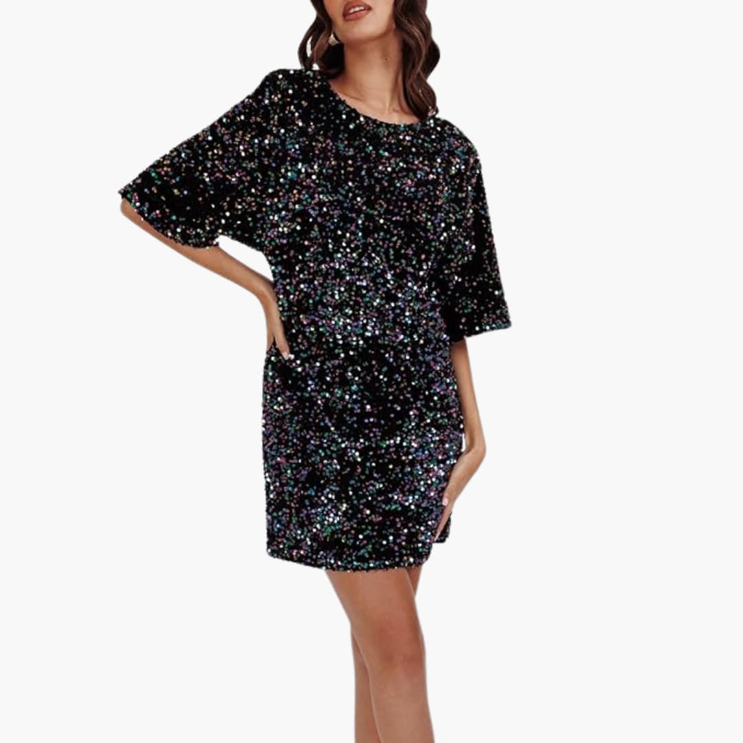 Robe à sequins pour femme avec encolure ronde et manches évasées