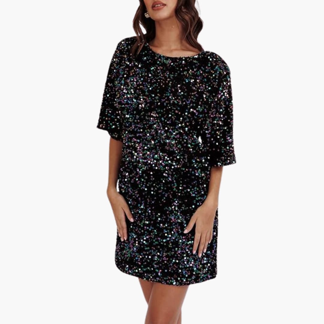 Robe à sequins pour femme avec encolure ronde et manches évasées