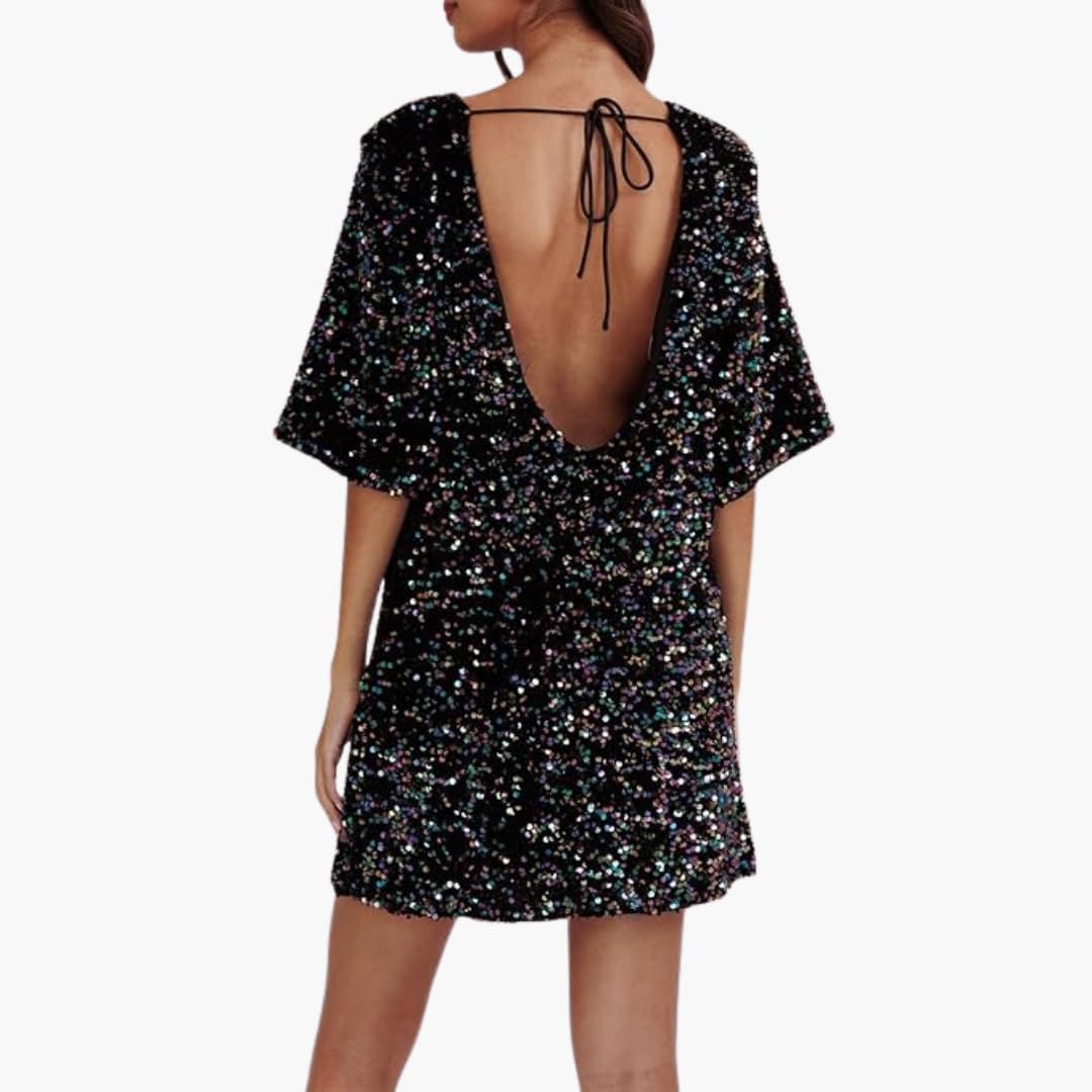 Robe à sequins pour femme avec encolure ronde et manches évasées
