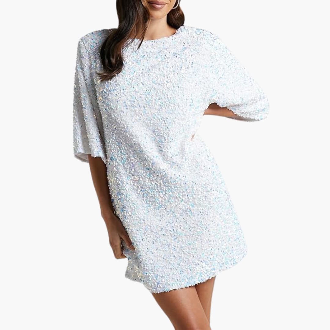 Robe à sequins pour femme avec encolure ronde et manches évasées