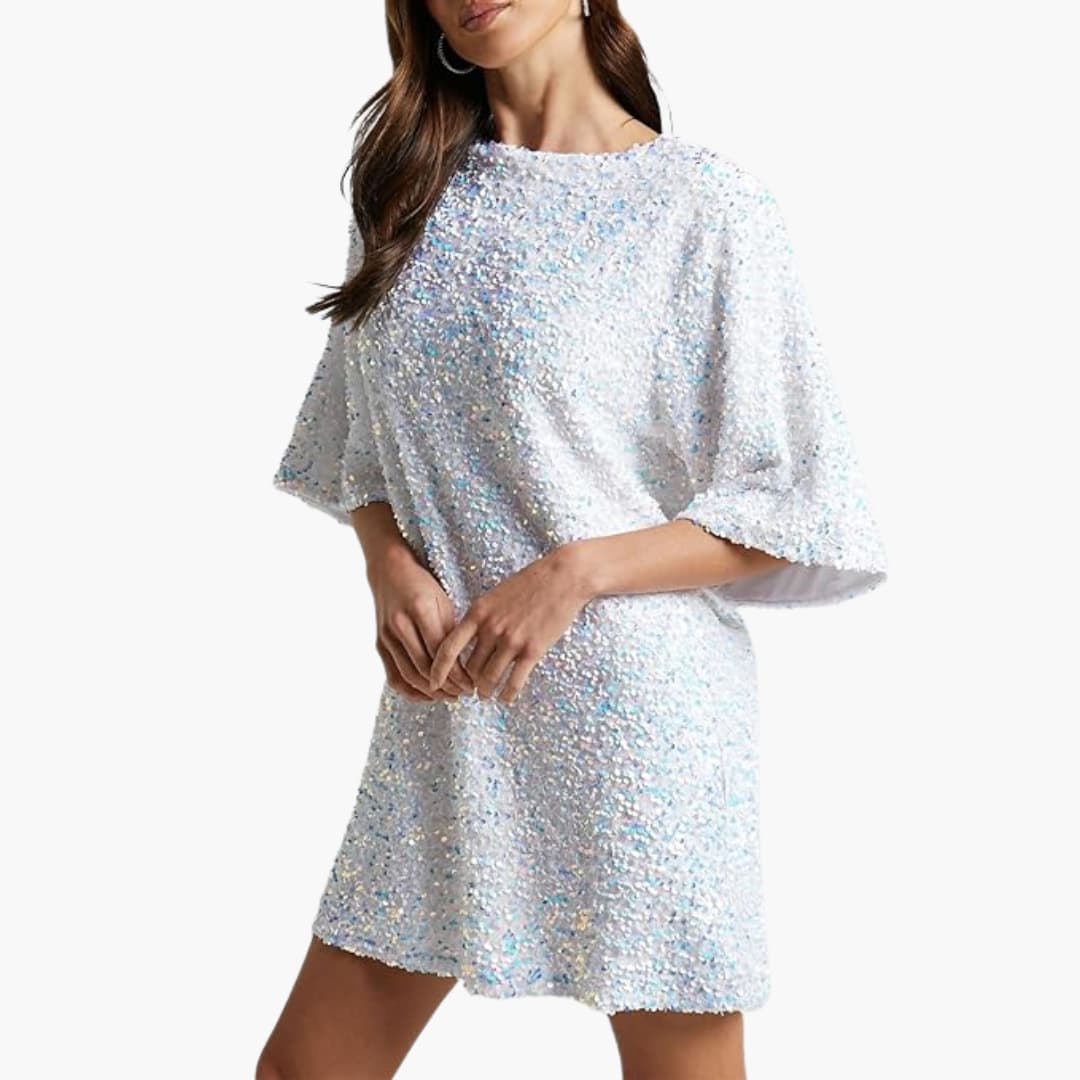 Robe à sequins pour femme avec encolure ronde et manches évasées