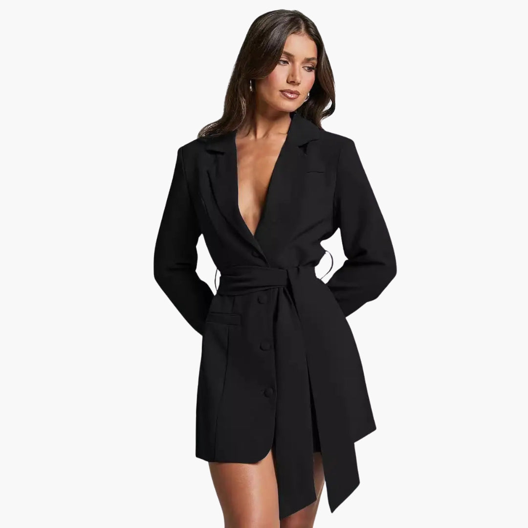 Women's blazer dress with lapel collar and belt