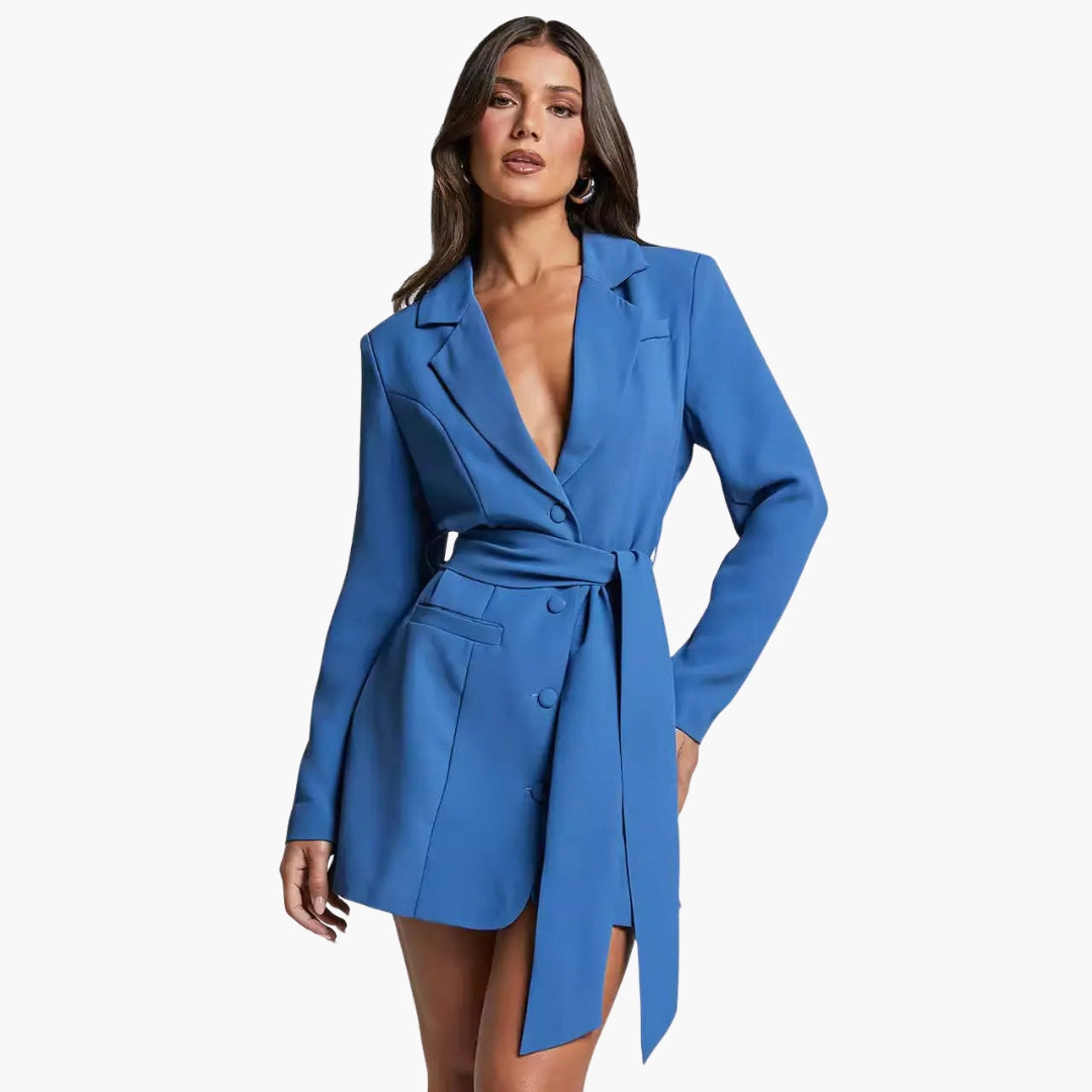 Women's blazer dress with lapel collar and belt