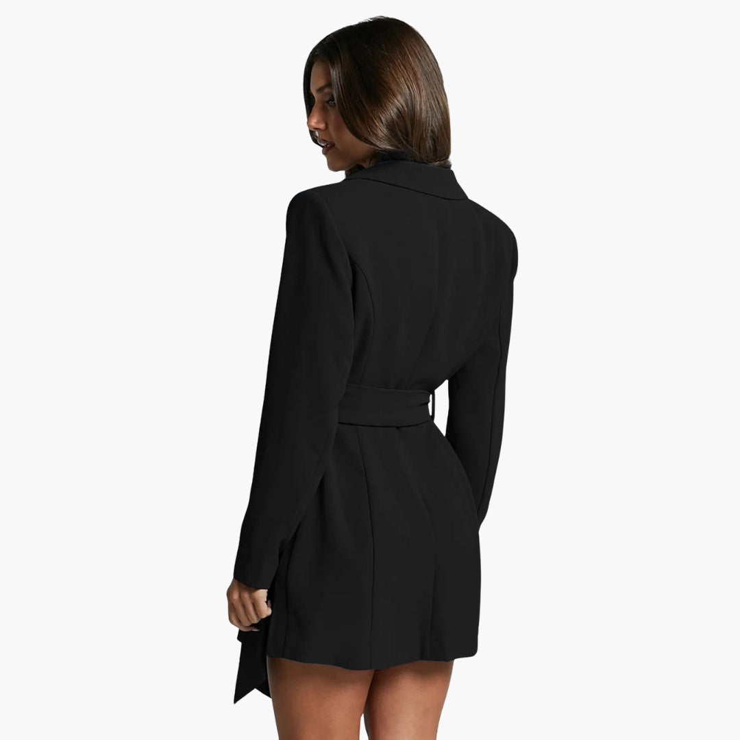 Women's blazer dress with lapel collar and belt