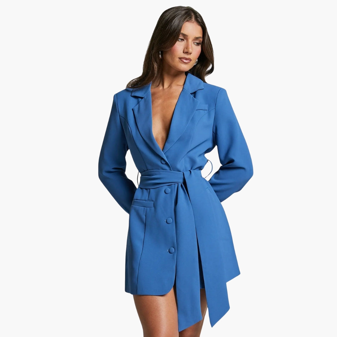 Women's blazer dress with lapel collar and belt