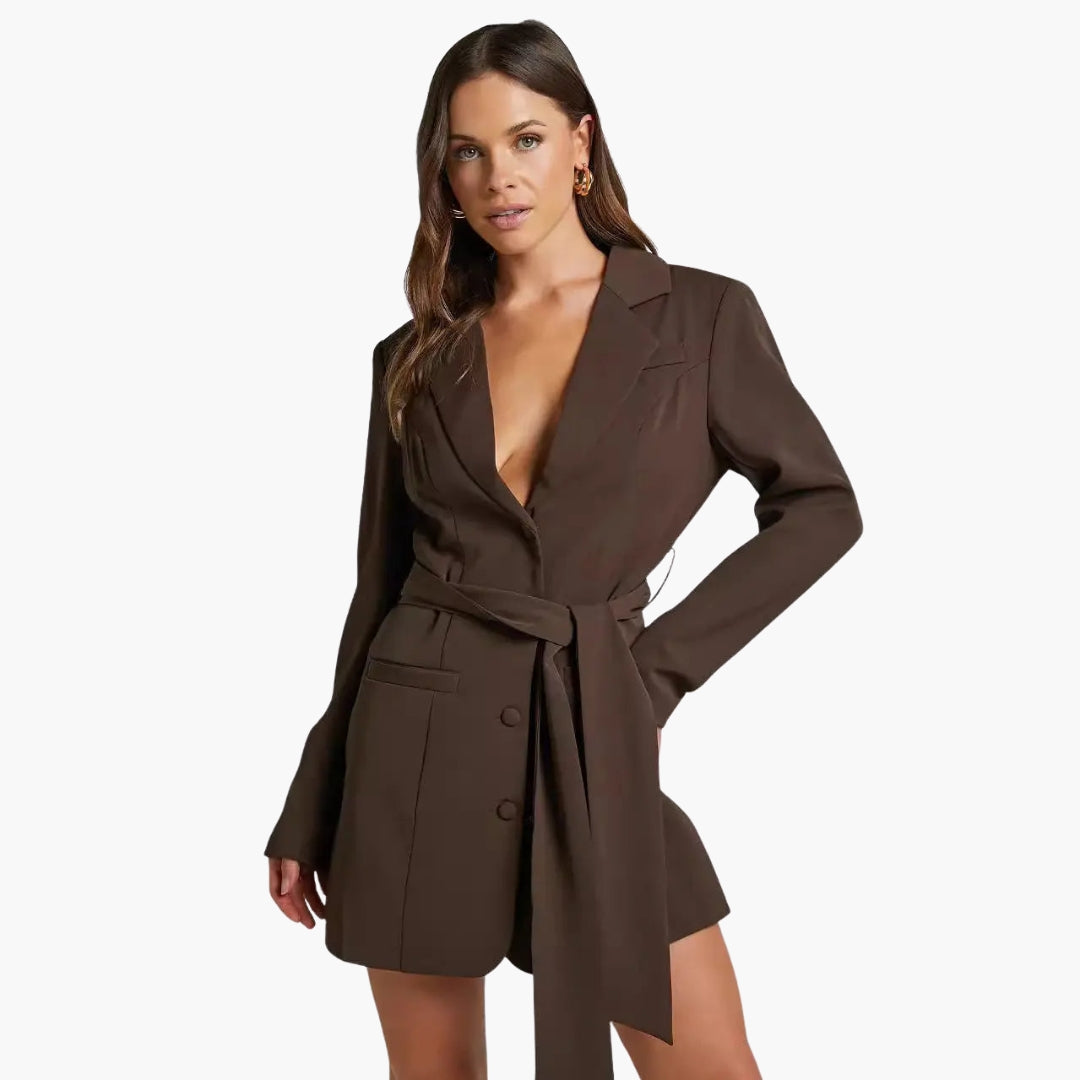 Women's blazer dress with lapel collar and belt
